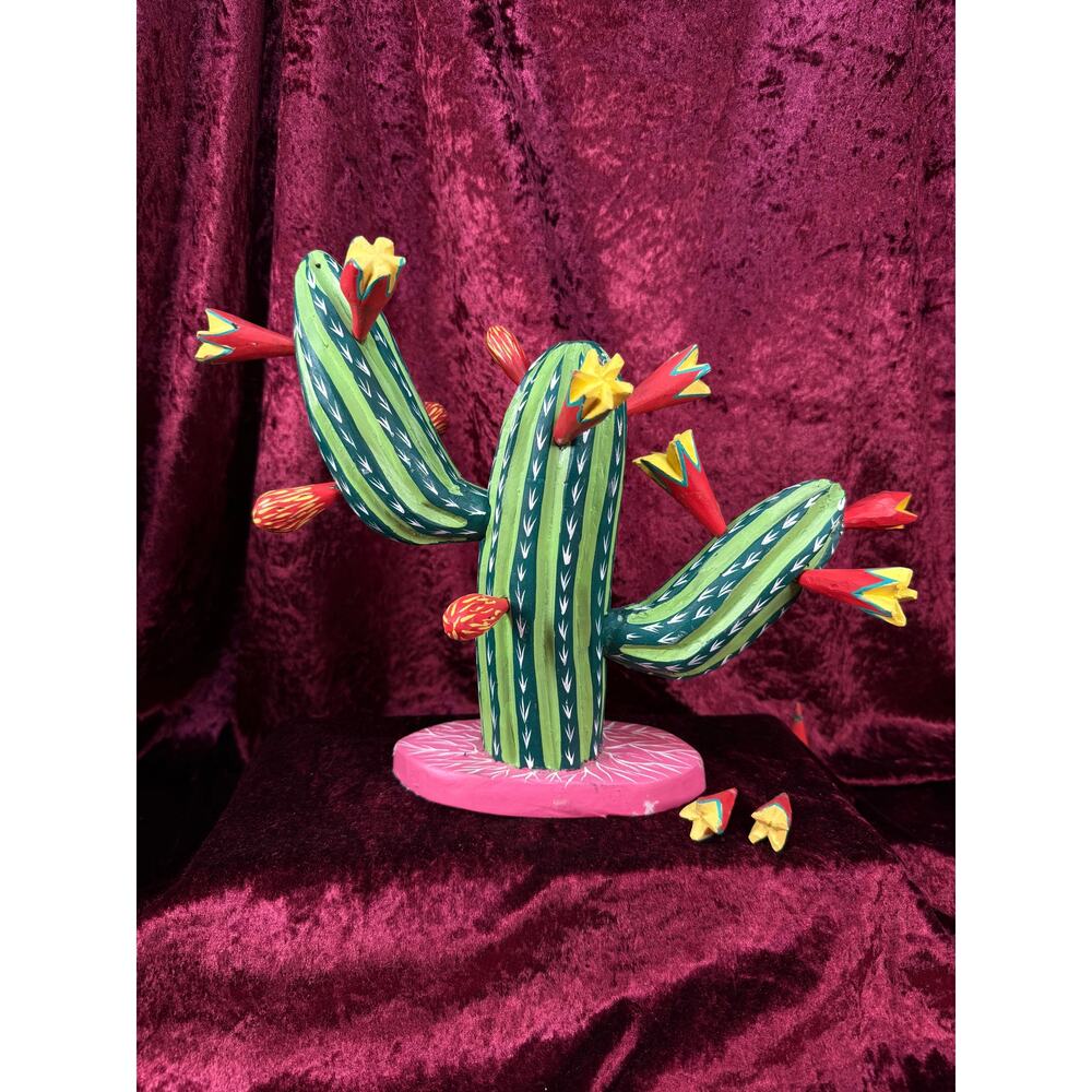 Vintage Wood Alebrije Flowering Saguaro Cactus Mexican Folk Art Ignacio Ojeda LG